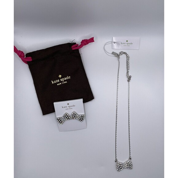 KATE SPADE “Sparkling Bow” Pendant Necklace & Earring Set Silver Tone NWT - Picture 4 of 10